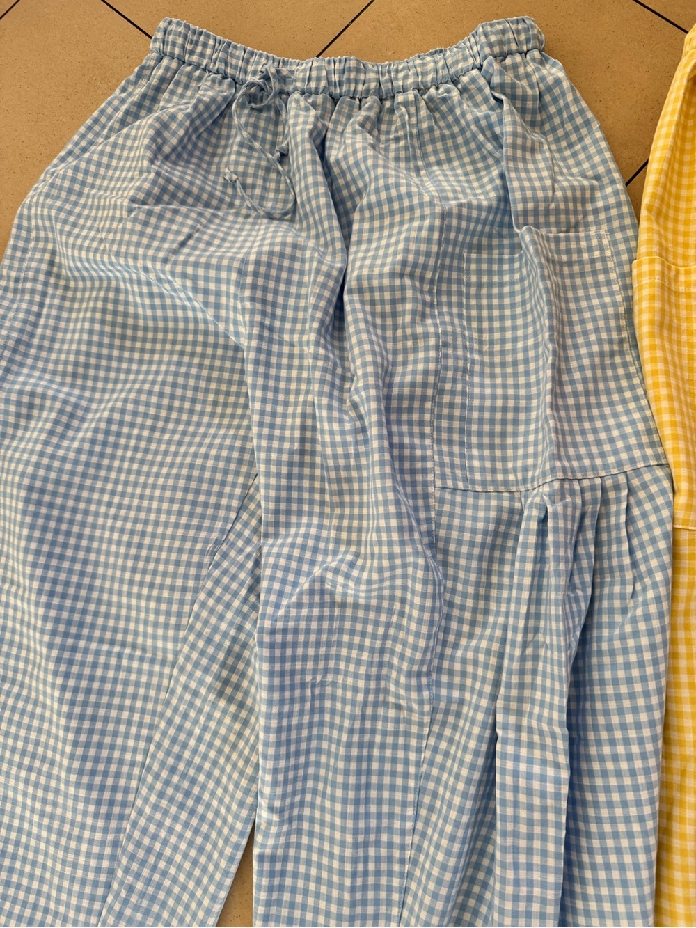 Gingham Drawstring barrel style pants - Light Blue and Yellow (2 pair) - Picture 4 of 7